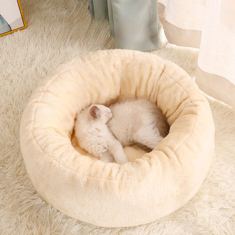 Long Plush Round Donut Dog Bed Soft Warm Pet Cushion