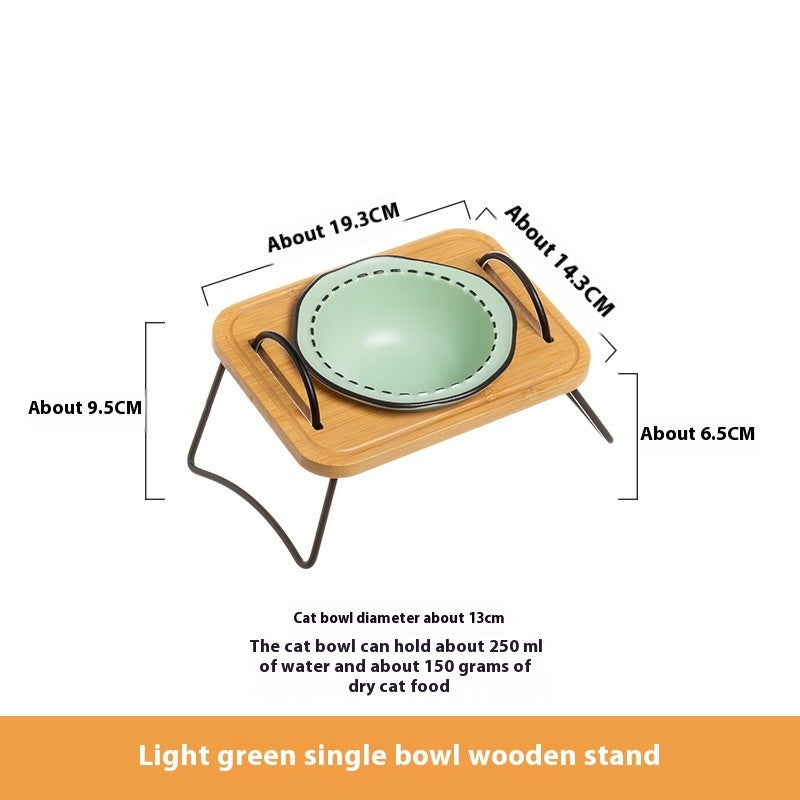 Multi-Functional Wooden Cat Bowl Rack with Anti-Tumble Ceramic Bowls