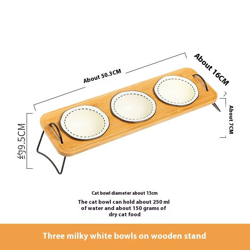 Multi-Functional Wooden Cat Bowl Rack with Anti-Tumble Ceramic Bowls