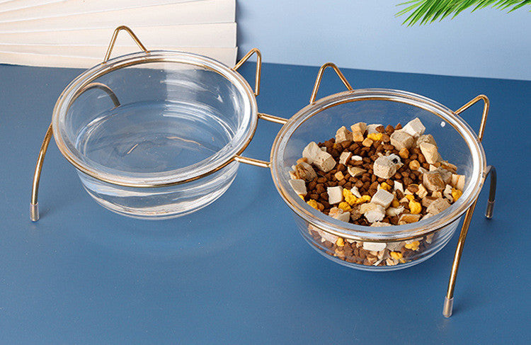 Glass Cat and Puppy Feeding Bowl with Metal Stand