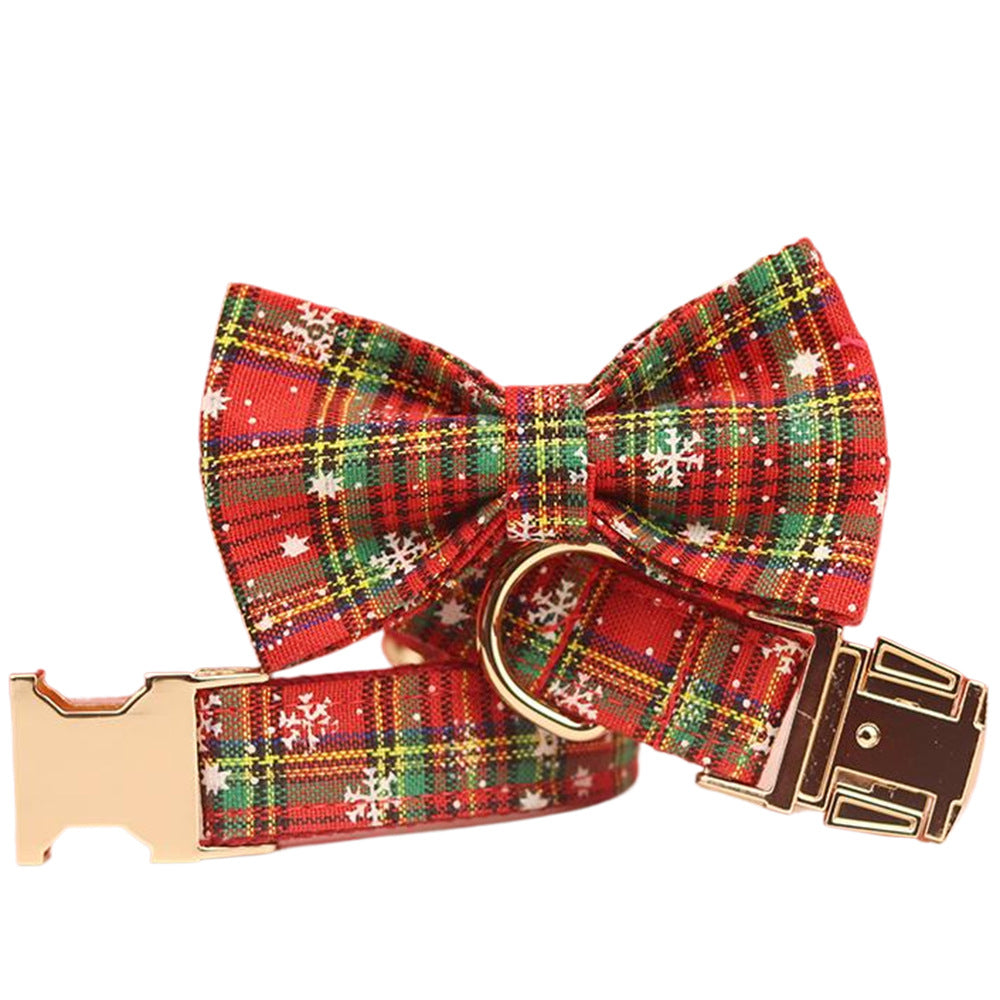 Christmas Pet Collar and Plaid Leash with Bowknot for Dogs