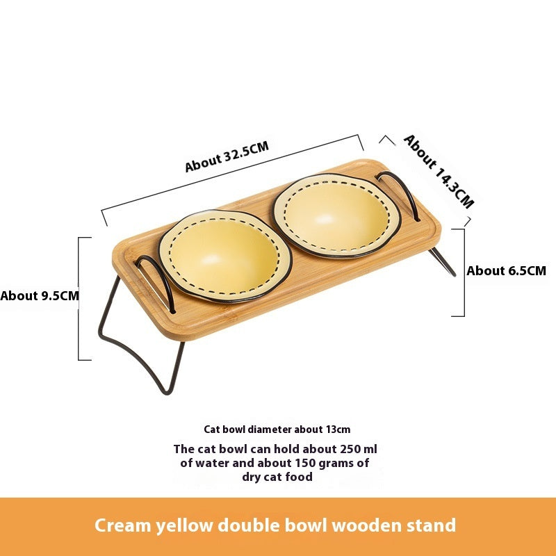 Multi-Functional Wooden Cat Bowl Rack with Anti-Tumble Ceramic Bowls