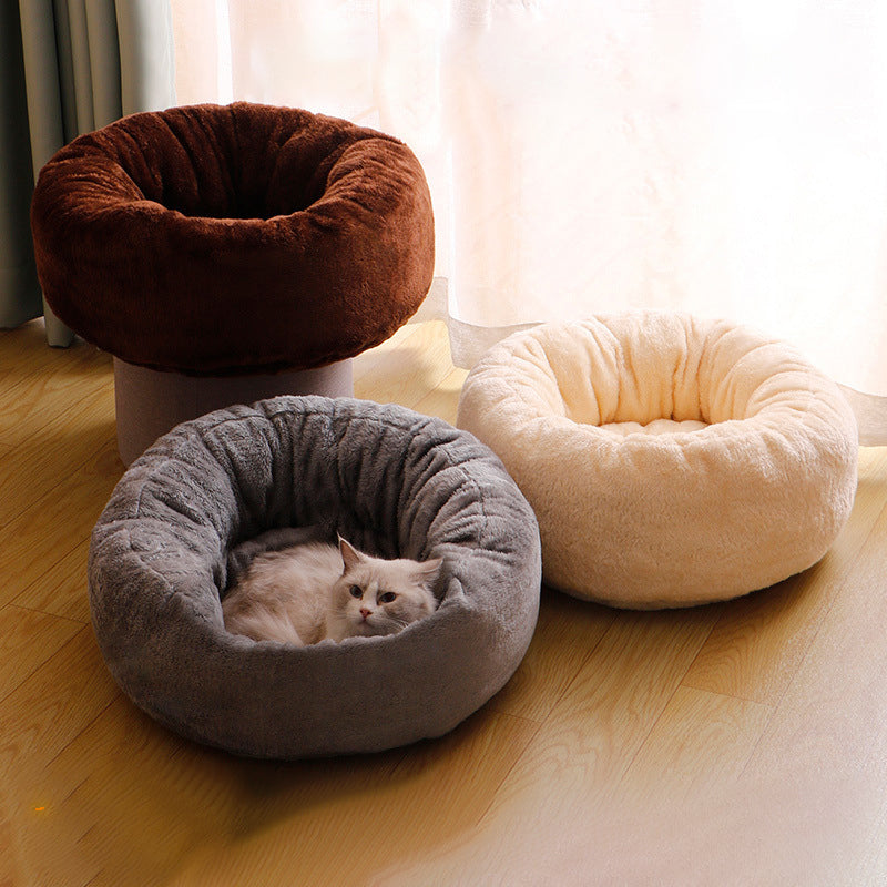 Long Plush Round Donut Dog Bed Soft Warm Pet Cushion