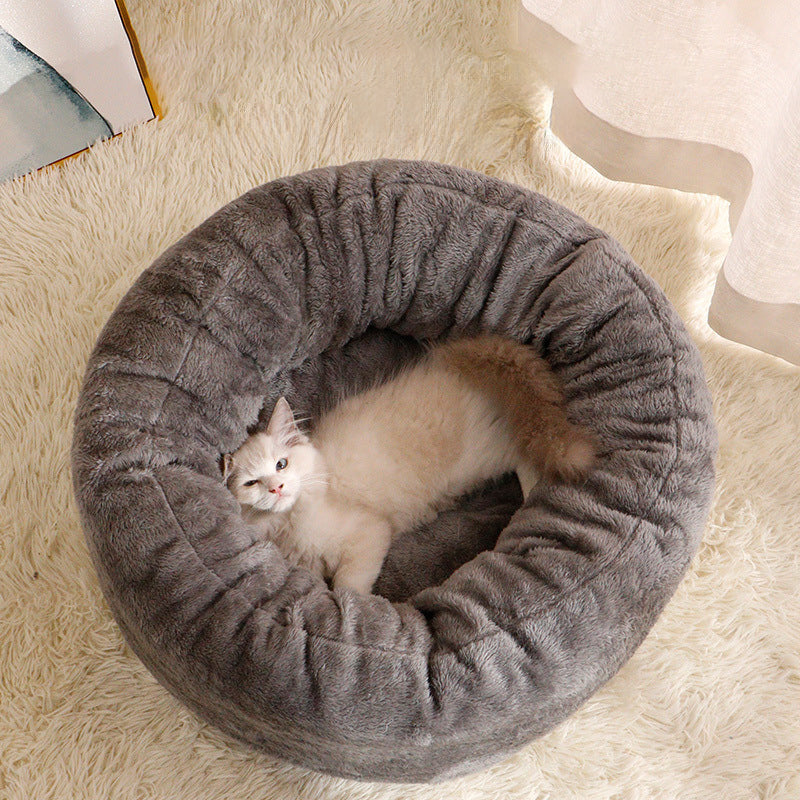 Long Plush Round Donut Dog Bed Soft Warm Pet Cushion