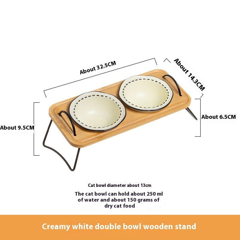 Multi-Functional Wooden Cat Bowl Rack with Anti-Tumble Ceramic Bowls