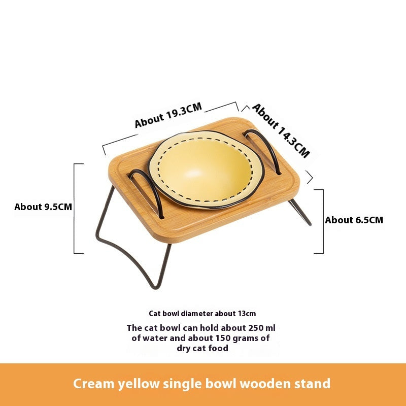 Multi-Functional Wooden Cat Bowl Rack with Anti-Tumble Ceramic Bowls