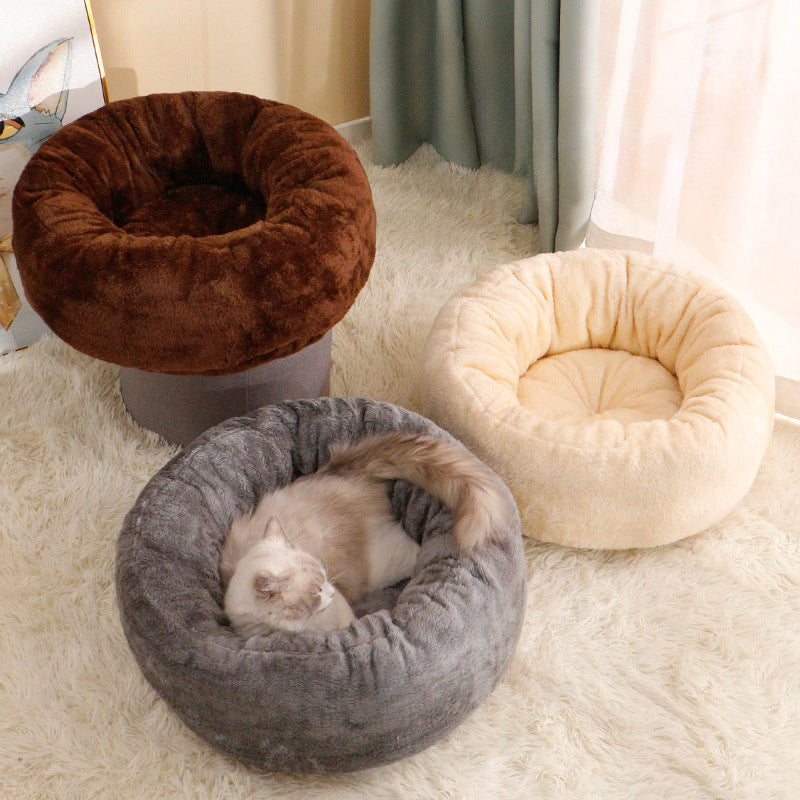 Long Plush Round Donut Dog Bed Soft Warm Pet Cushion
