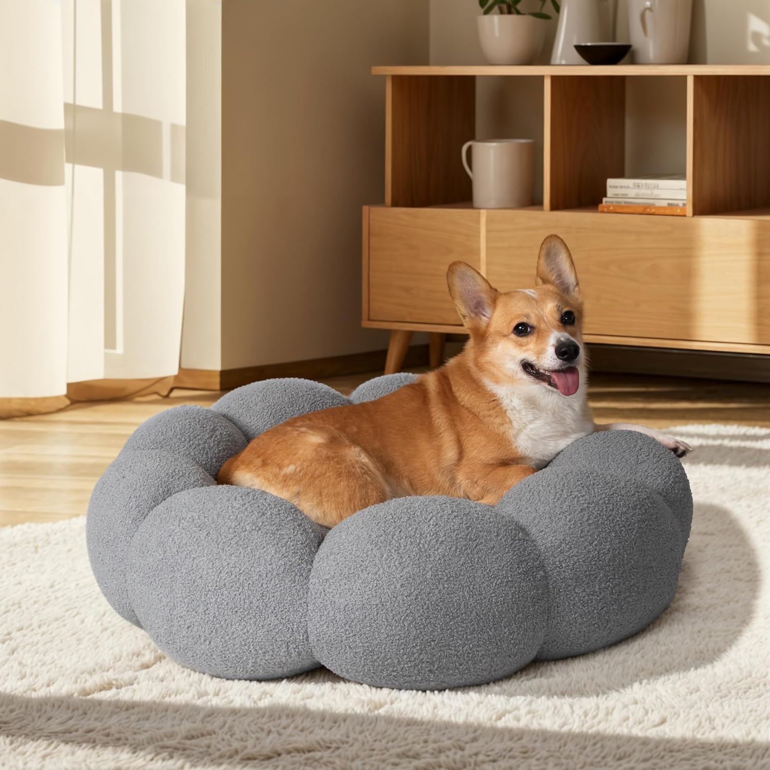 Calming Fluffy Flower Cat and Dog Bed Round Plush Donut