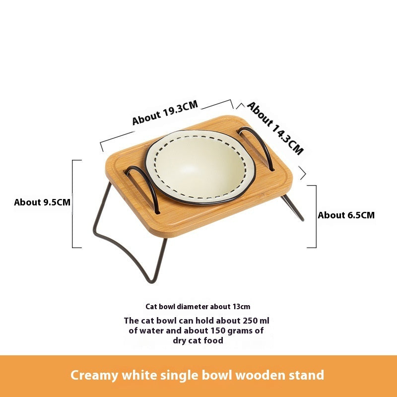 Multi-Functional Wooden Cat Bowl Rack with Anti-Tumble Ceramic Bowls