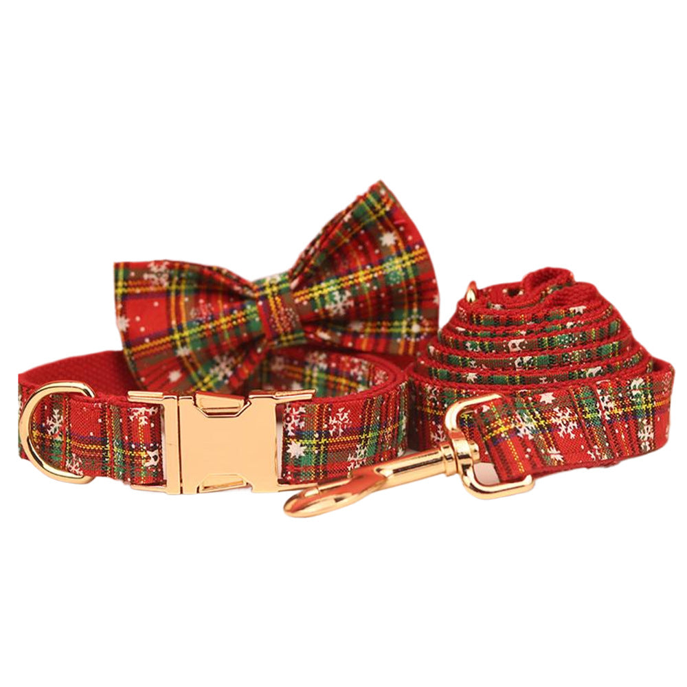Christmas Pet Collar and Plaid Leash with Bowknot for Dogs