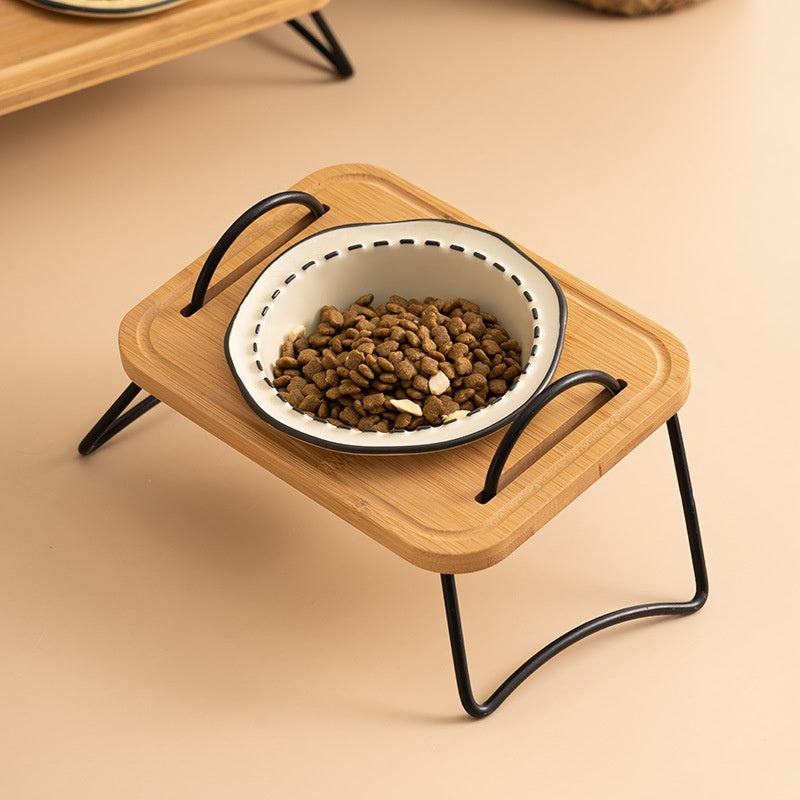 Multi-Functional Wooden Cat Bowl Rack with Anti-Tumble Ceramic Bowls