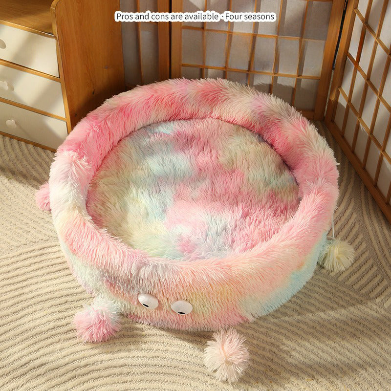 Winter Warm Monster Eye Plush Cat and Dog Round Nest Bed