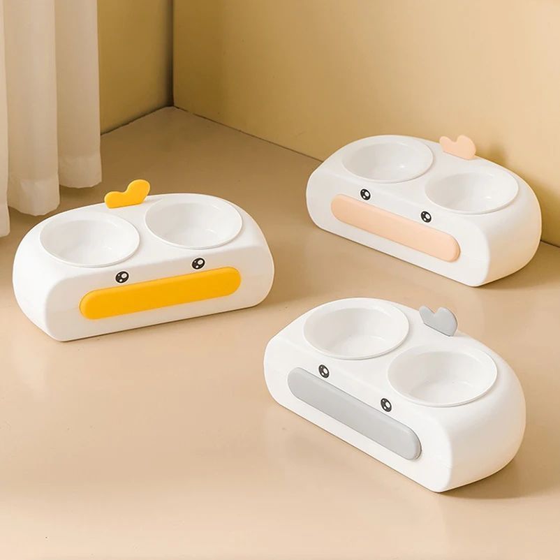 Duck Design Double Pet Bowl Plastic Feeder for Cats and Dogs
