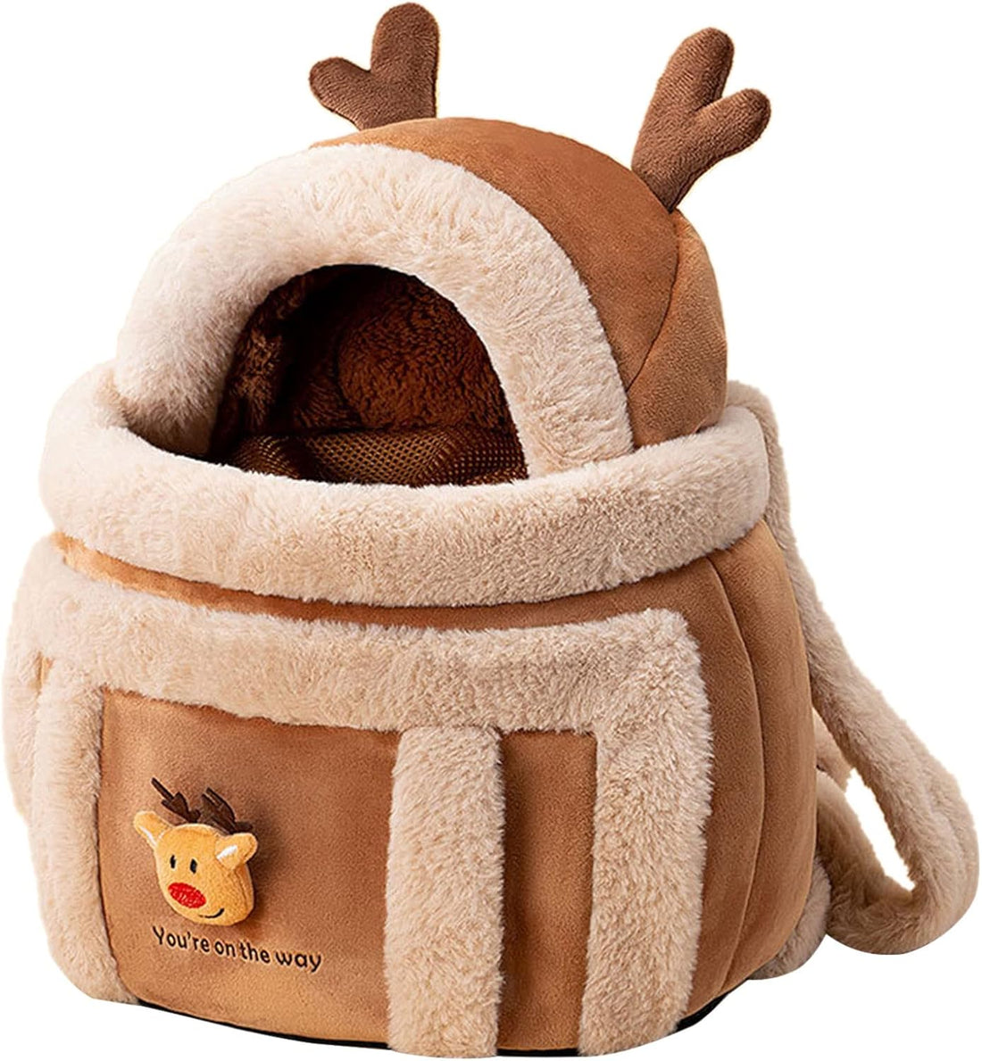 Plush Reindeer Pet Carrier Backpack with Hand Warmers for Dogs