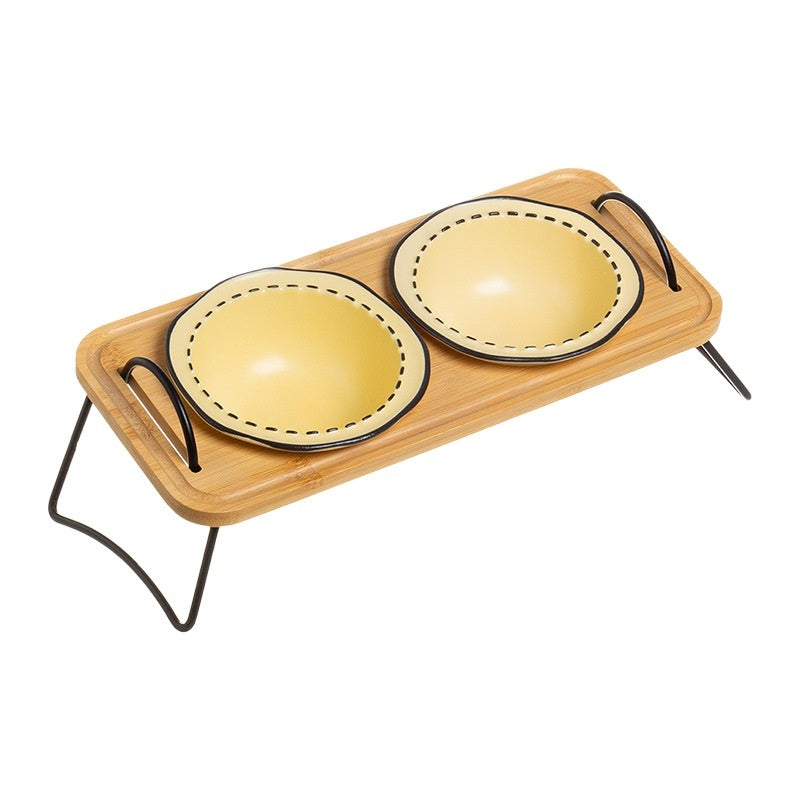 Multi-Functional Wooden Cat Bowl Rack with Anti-Tumble Ceramic Bowls