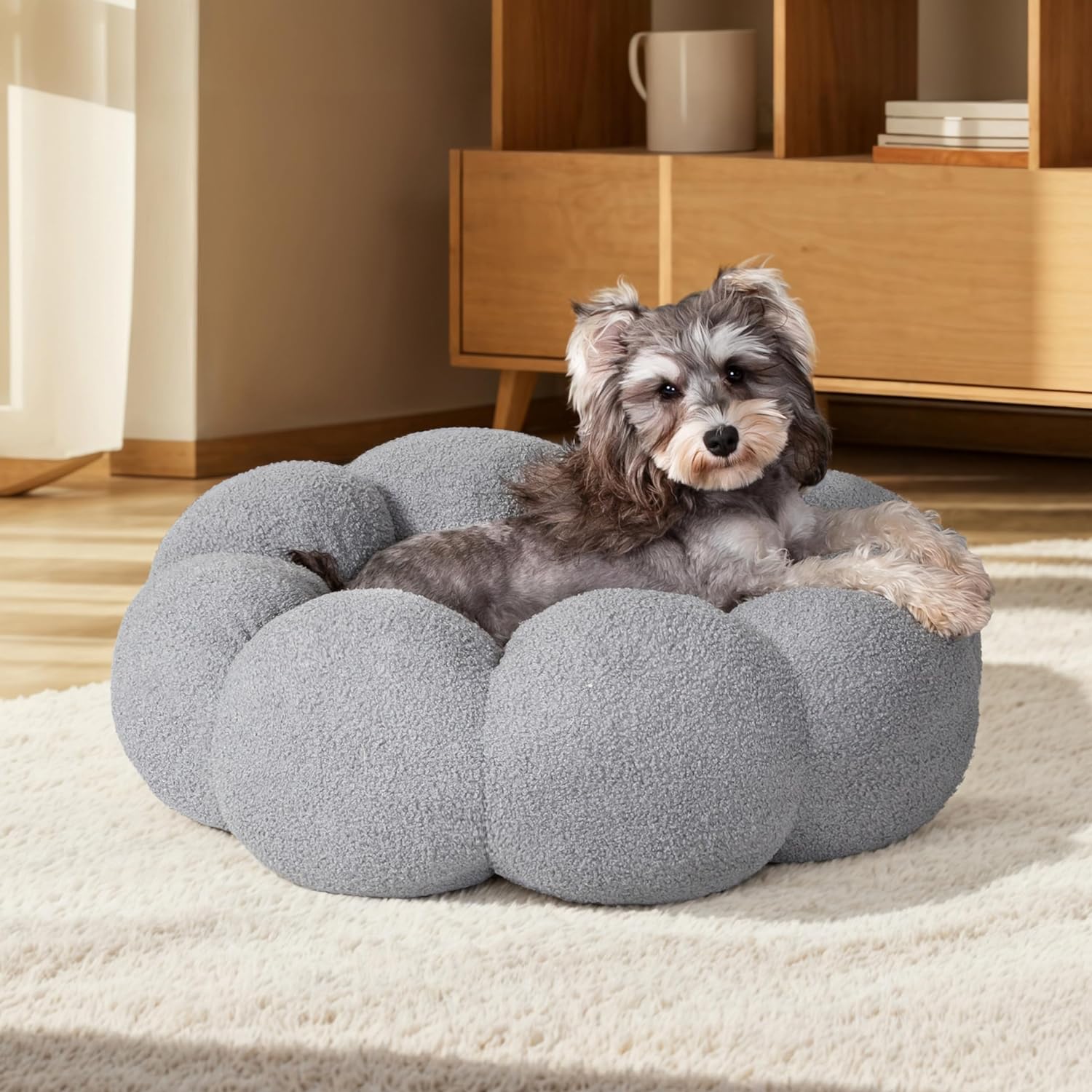 Calming Fluffy Flower Cat and Dog Bed Round Plush Donut
