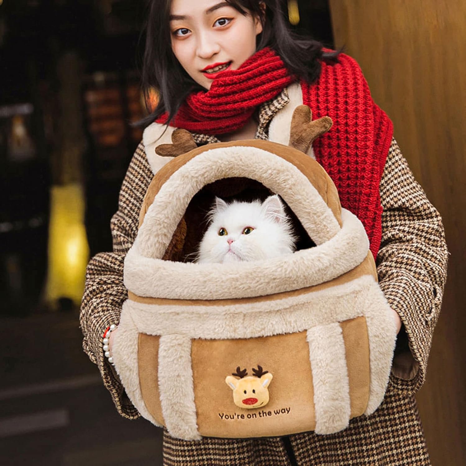 Plush Reindeer Pet Carrier Backpack with Hand Warmers for Dogs