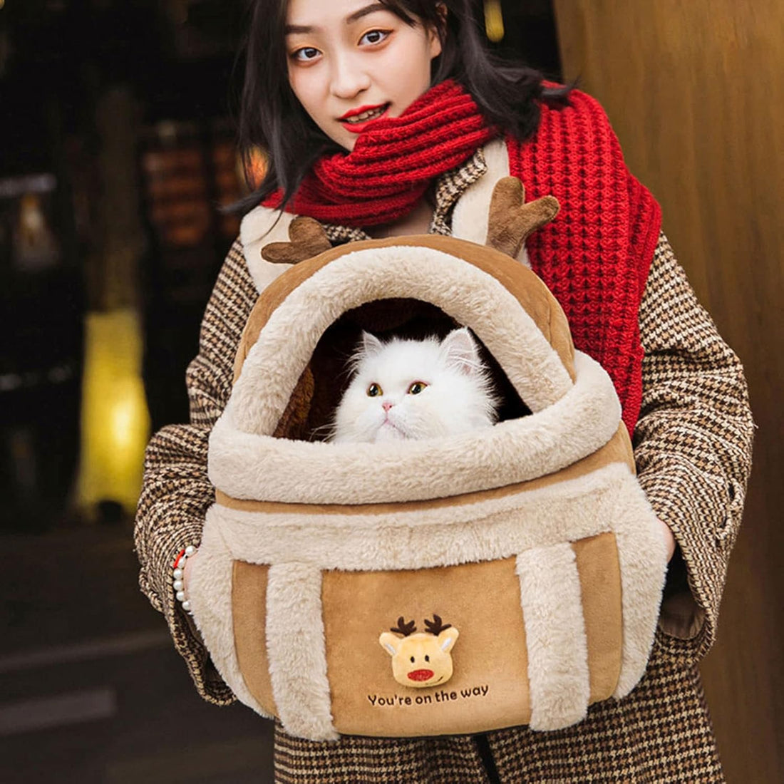 Plush Reindeer Pet Carrier Backpack with Hand Warmers for Dogs