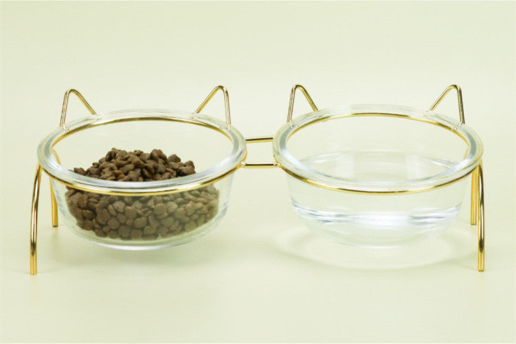 Glass Cat and Puppy Feeding Bowl with Metal Stand