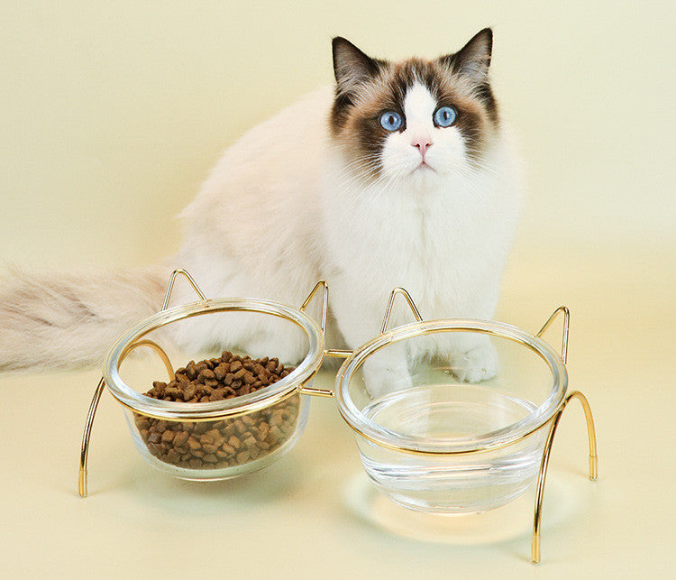 Glass Cat and Puppy Feeding Bowl with Metal Stand