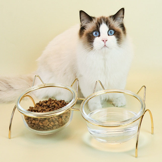 Glass Cat and Puppy Feeding Bowl with Metal Stand