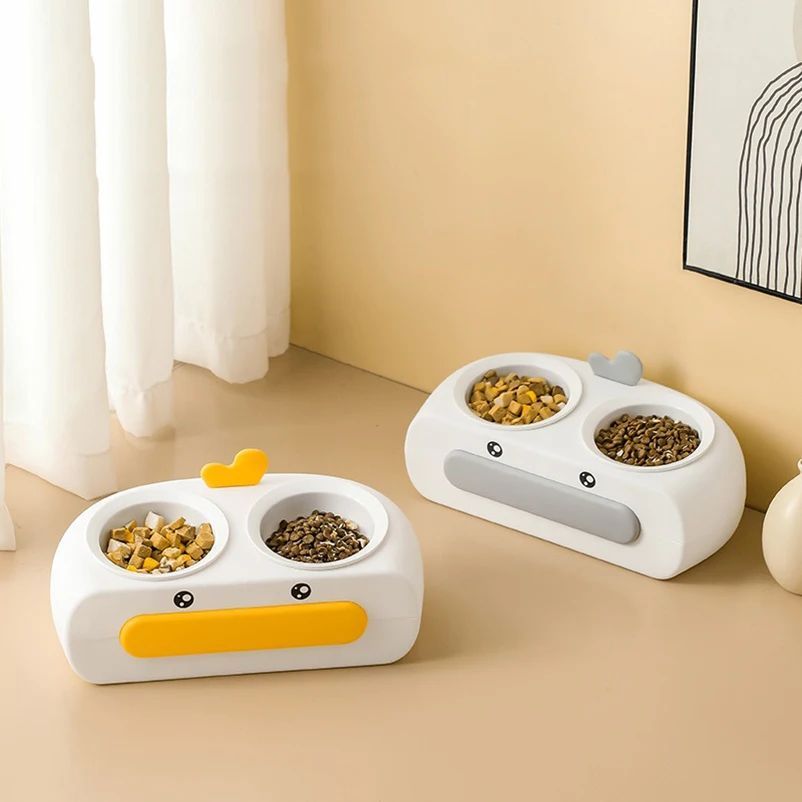 Duck Design Double Pet Bowl Plastic Feeder for Cats and Dogs