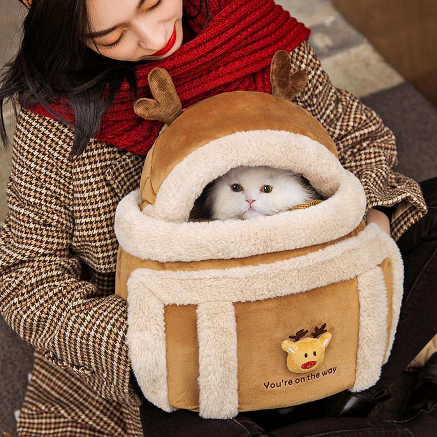 Plush Reindeer Pet Carrier Backpack with Hand Warmers for Dogs