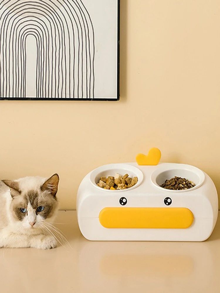 Duck Design Double Pet Bowl Plastic Feeder for Cats and Dogs