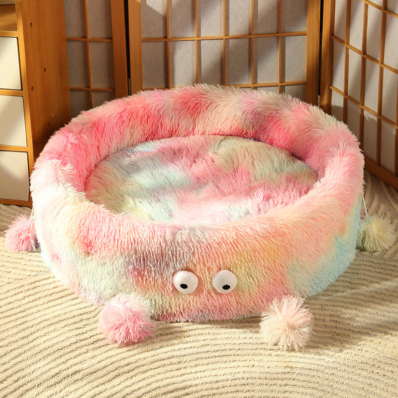 Winter Warm Monster Eye Plush Cat and Dog Round Nest Bed