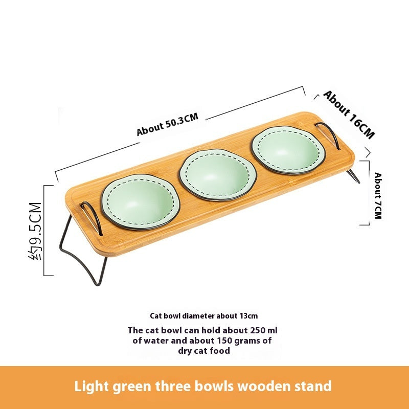 Multi-Functional Wooden Cat Bowl Rack with Anti-Tumble Ceramic Bowls