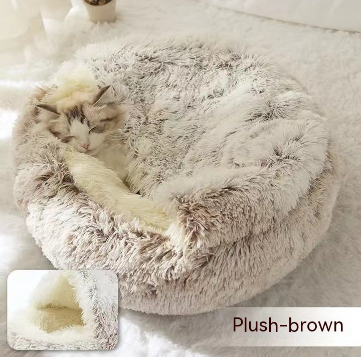 2-in-1 Round Plush Dog and Cat Bed Soft Warm Pet House