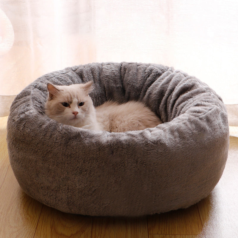 Long Plush Round Donut Dog Bed Soft Warm Pet Cushion