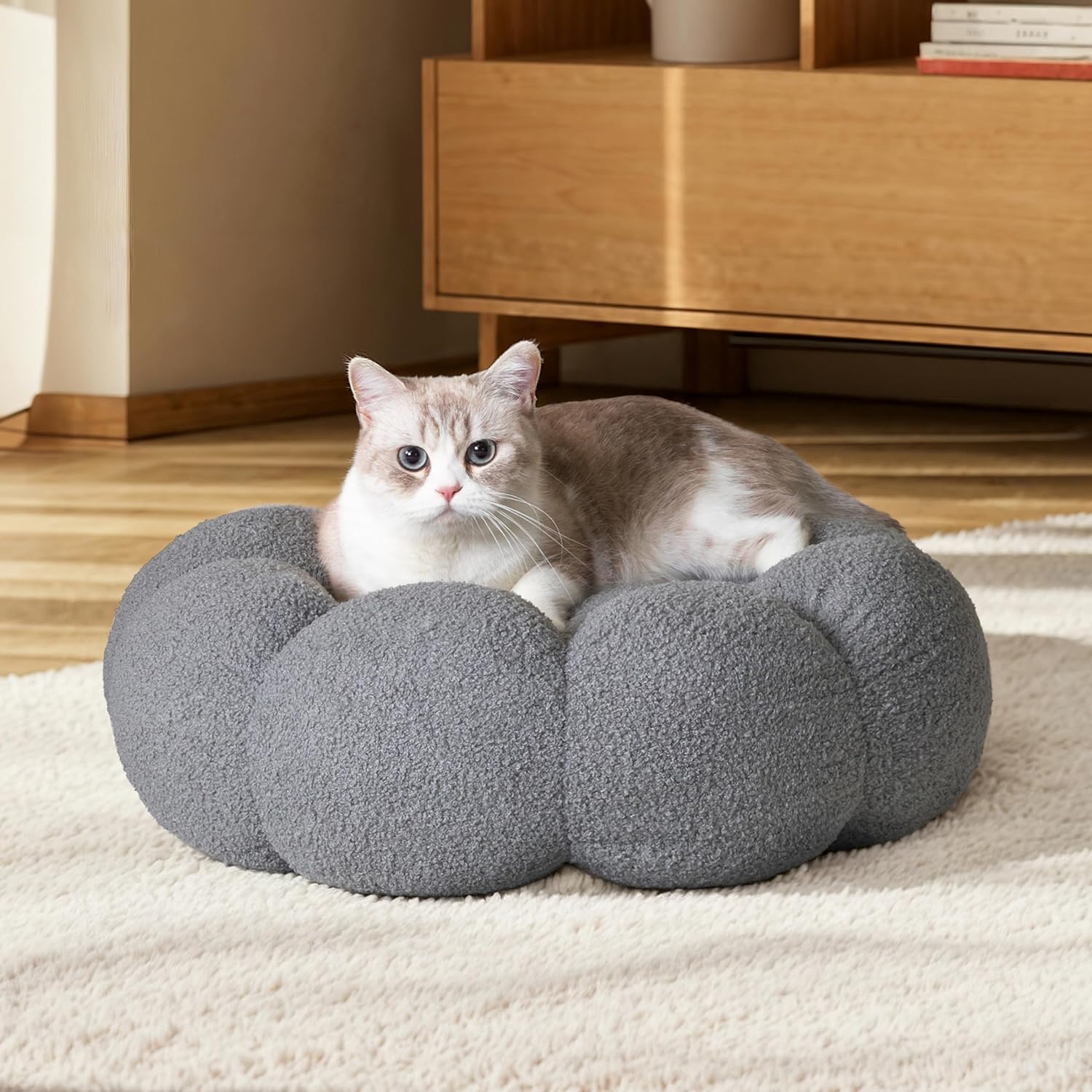 Calming Fluffy Flower Cat and Dog Bed Round Plush Donut