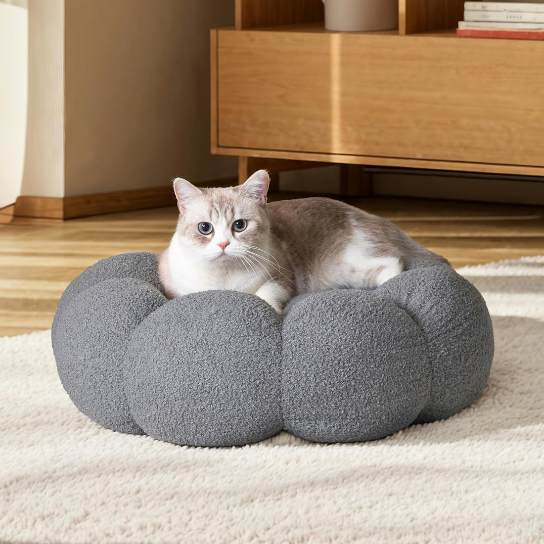 Calming Fluffy Flower Cat and Dog Bed Round Plush Donut