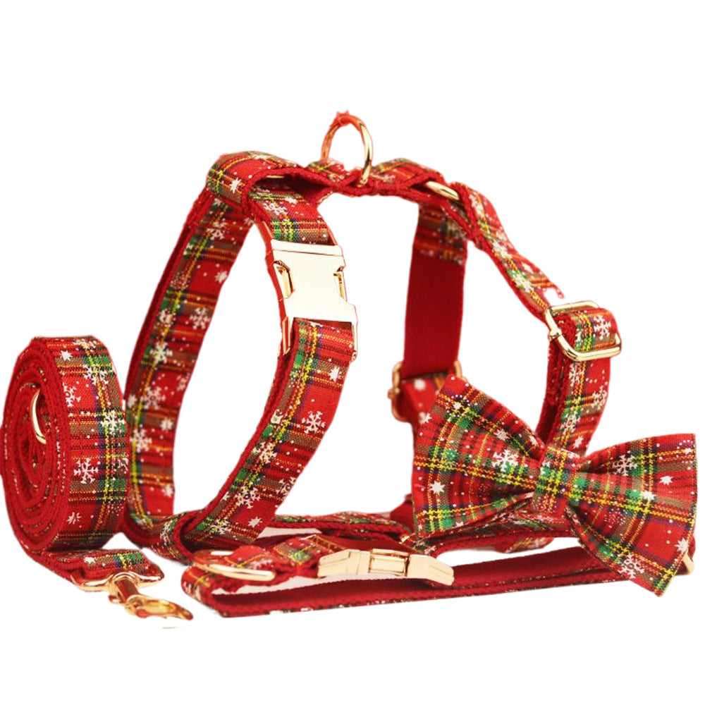 Christmas Pet Collar and Plaid Leash with Bowknot for Dogs